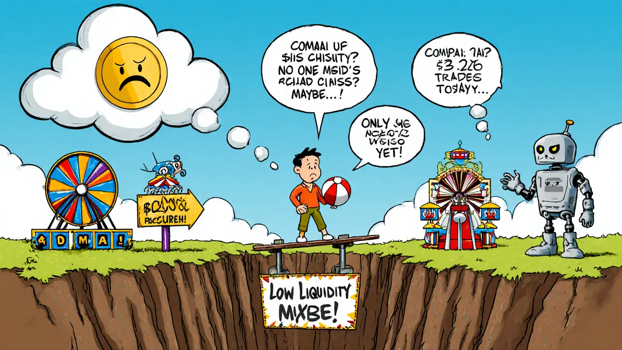 Nervous investor on a plank over a pit labeled &#039;Low Liquidity&#039; with cartoon trading platforms below.