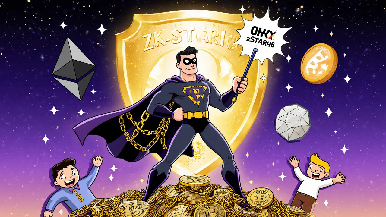 OKX Wallet superhero using zk-STARKs magic to turn chaos into transparent proof with blockchain sidekicks.