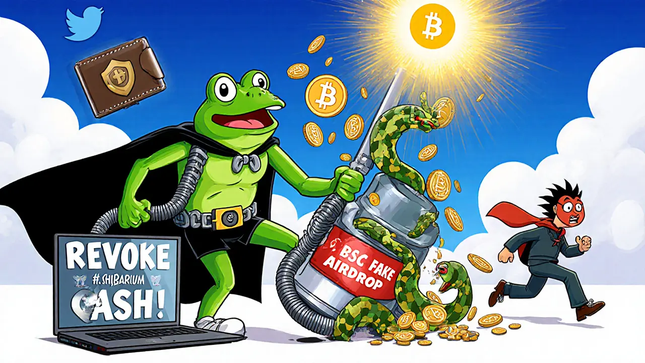 Pepe the Frog using a revoke tool to suck up scam contracts while a fake airdrop laptop explodes in the background.