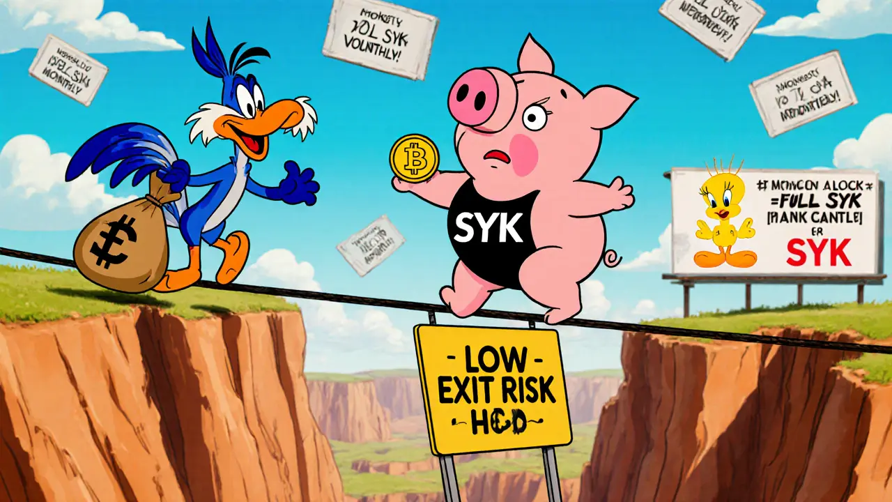 Porky Pig on a tightrope over &#039;Low Volume&#039; canyon while Road Runner zooms by with USDC in Looney Tunes style.