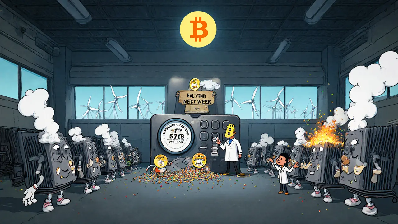 Row of cartoon Antminer machines in a warehouse as a giant calculator adjusts difficulty after a halving.