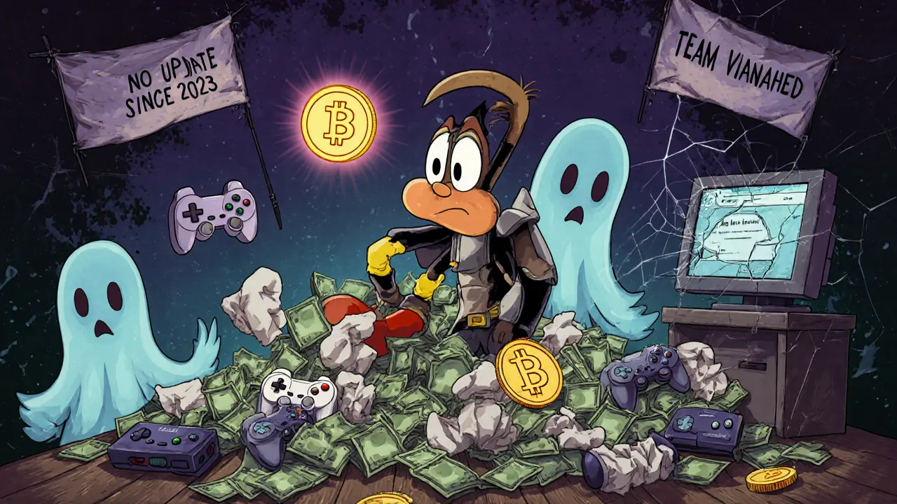 Sad cartoon character surrounded by worthless FIWA tokens and ghostly signs, with a flickering low-price token nearby.