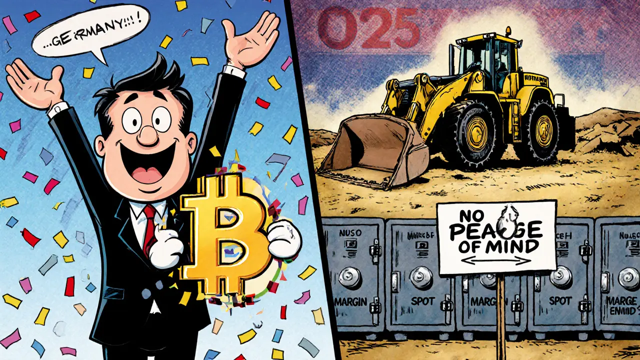 Split scene: happy trader in Germany vs. sad U.S. user surrounded by locked crypto services, SEC bulldozer in distance.