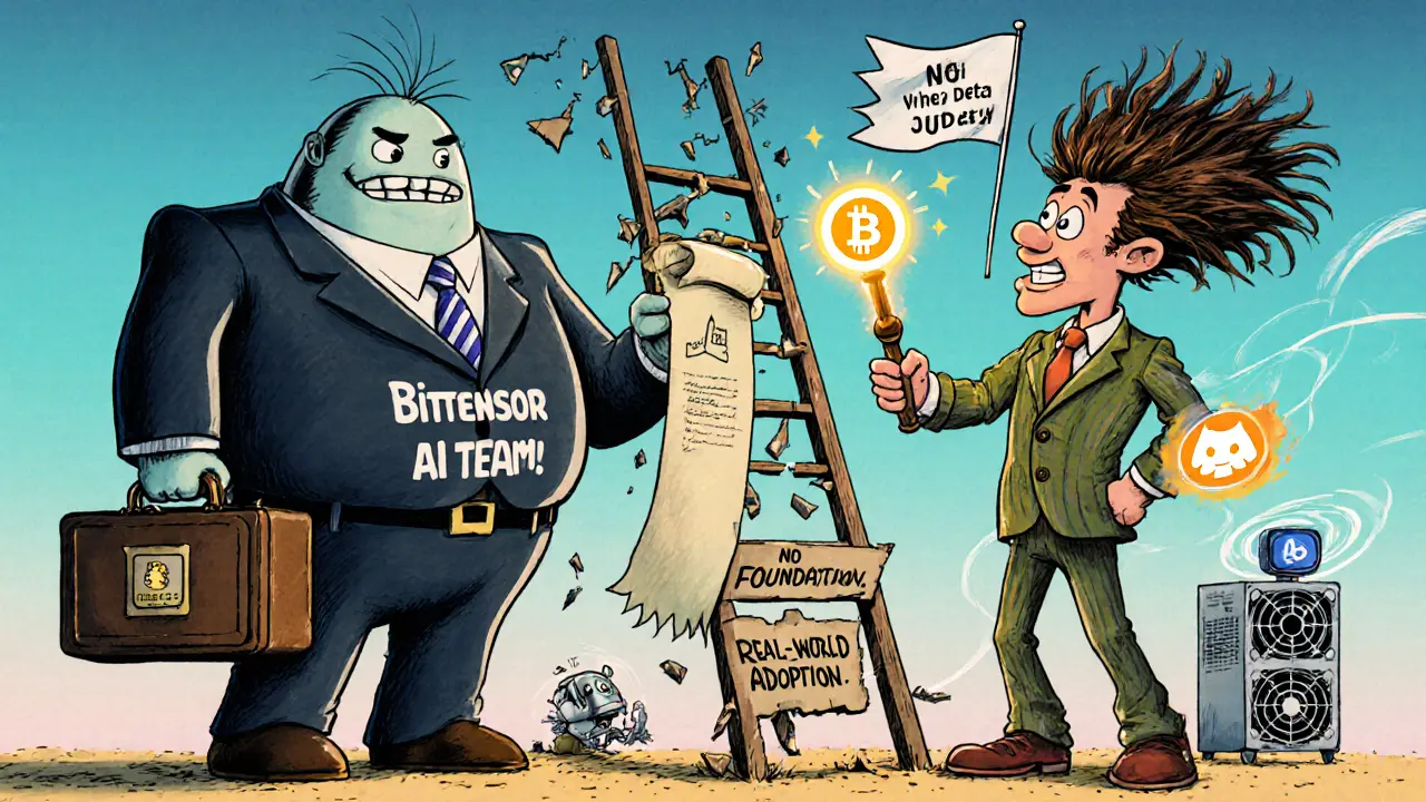 Surreal showdown between corporate AI giant and wild developer holding GitHub wand, broken ladder between them.