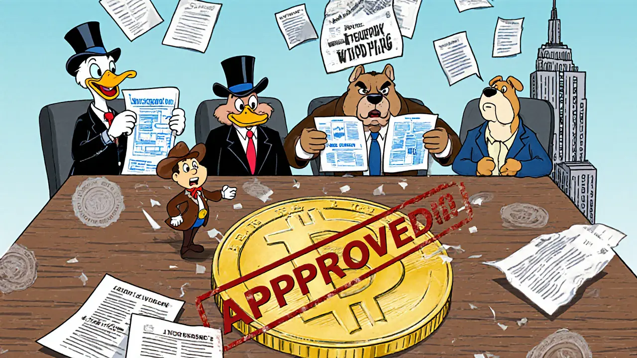 Three animal officials review state stablecoin laws with a giant &#039;APPROVED&#039; stamp falling.