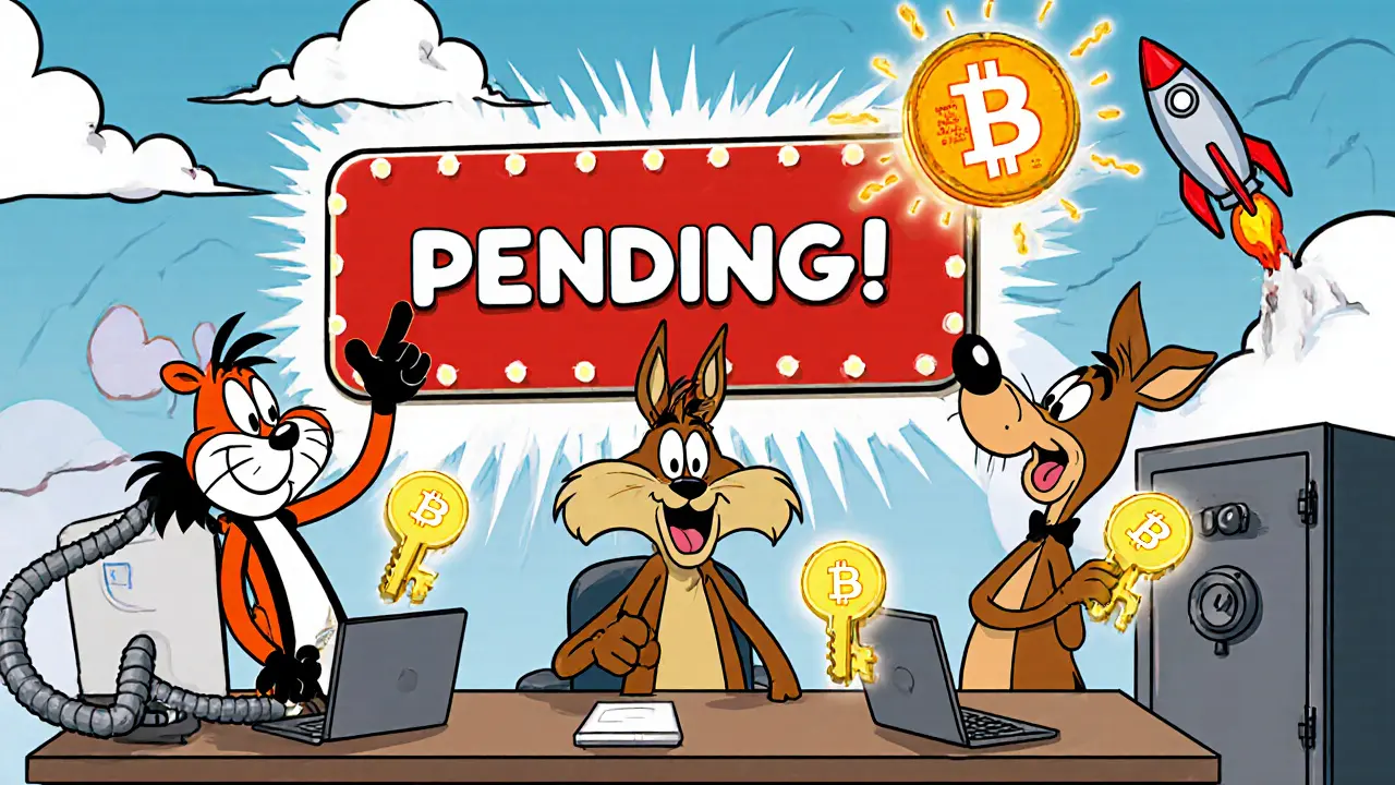 Three cartoon characters with crypto keys in an office, a giant &#039;PENDING&#039; sign above them as a Bitcoin rocket launches.