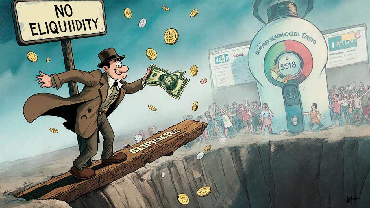 Trader on a plank over slippage pit, watching 0 turn into 8 as gas fees rain down