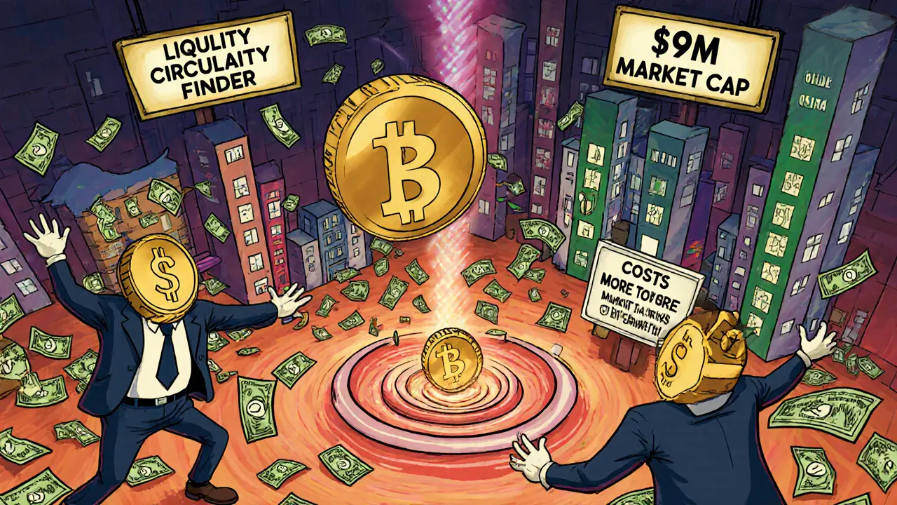 Traders throw giant tokens into a vortex as gas fees tower over them in a wild trading scene.