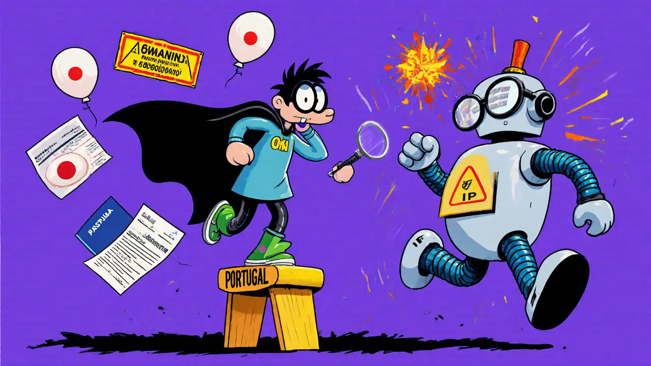 User in VPN disguise chased by AI robot, documents flying out as warning signs explode around them.