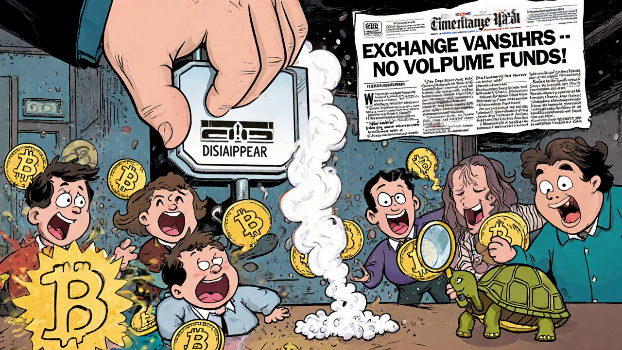 Users watch their crypto coins vanish as a giant hand pulls a lever labeled &#039;Disappear Funds&#039;.