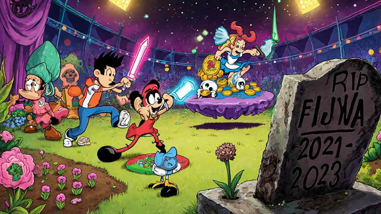 Vibrant cartoon scene of active DeFi games like Pixels and Illuvium, with a faded tombstone for FIWA in the background.