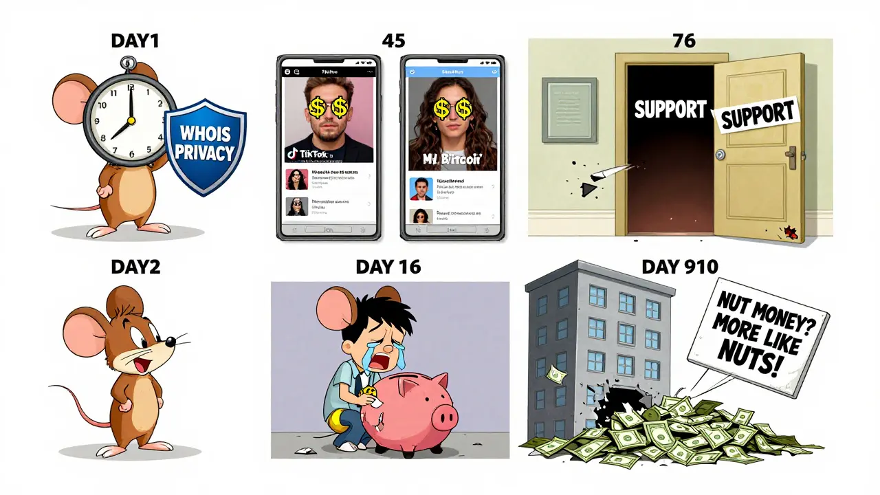 A 90-day scam timeline ending in a collapsing building labeled &#039;NUT MONEY&#039;.