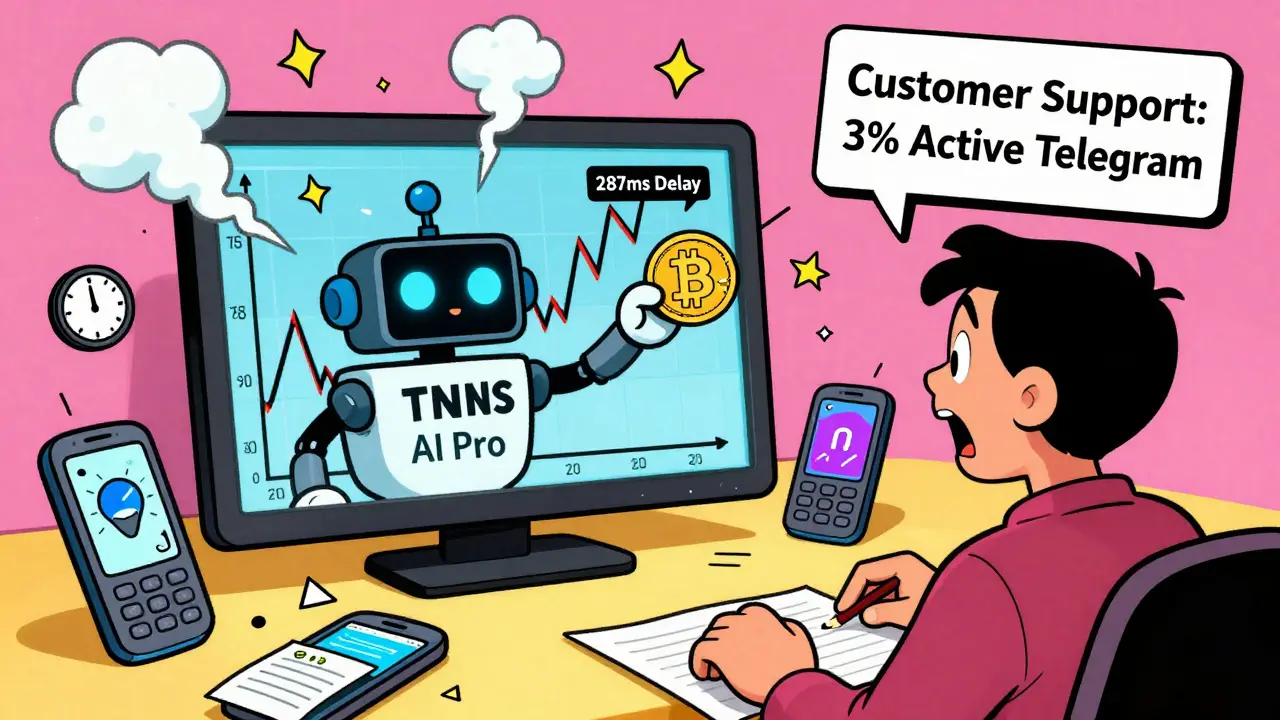 A cartoon AI robot flipping a coin to predict crypto prices as a user watches in horror, surrounded by broken devices and frozen withdrawals.