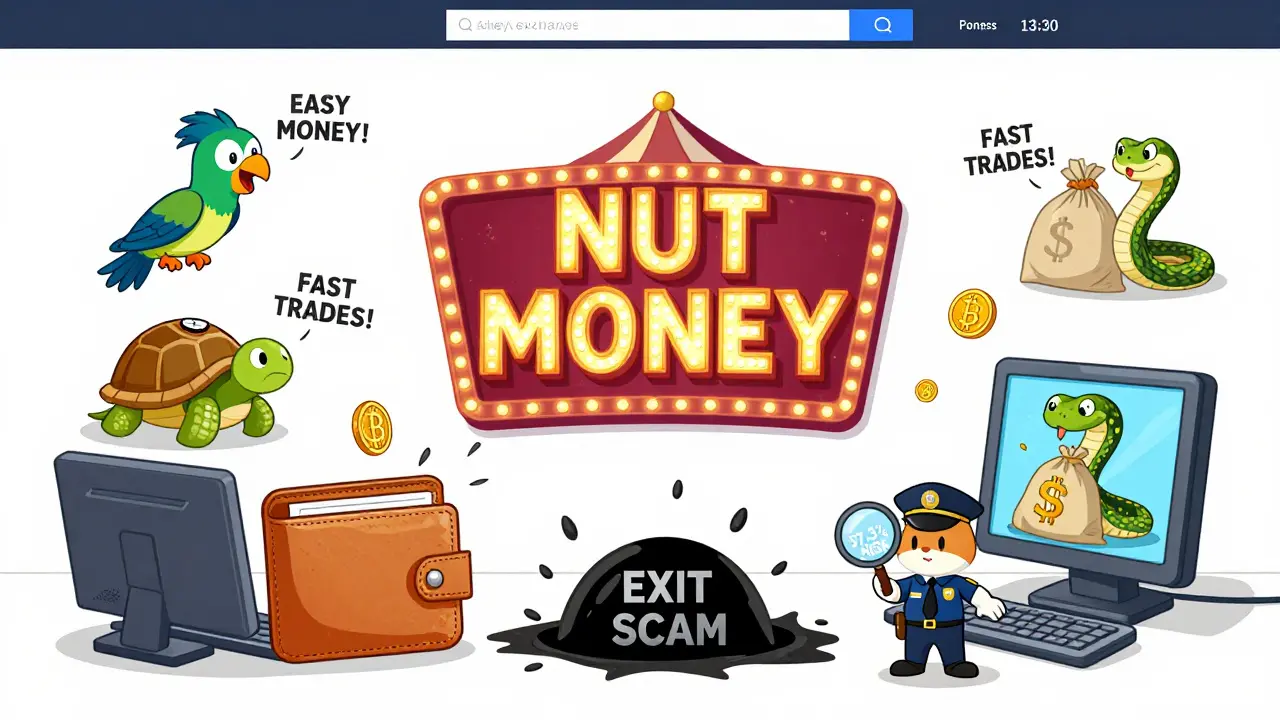 A cartoon crypto site with talking animals and a wallet vanishing into a black hole.