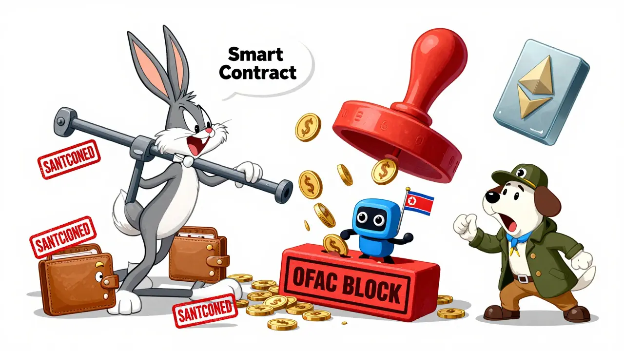 A cartoon DeFi machine crushes an AI bot with USDC coins, while wallets get stamped as OFAC's dog barks.