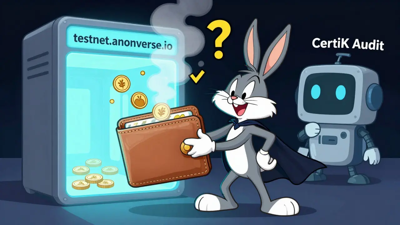 A cartoon wallet interacting with a testnet portal, using a privacy mixer as a robot approves.