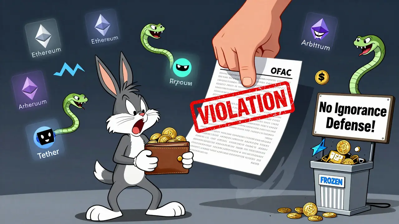 A confused user is stamped by a giant OFAC hand as crypto addresses flee like snakes, with frozen USDT being shredded.