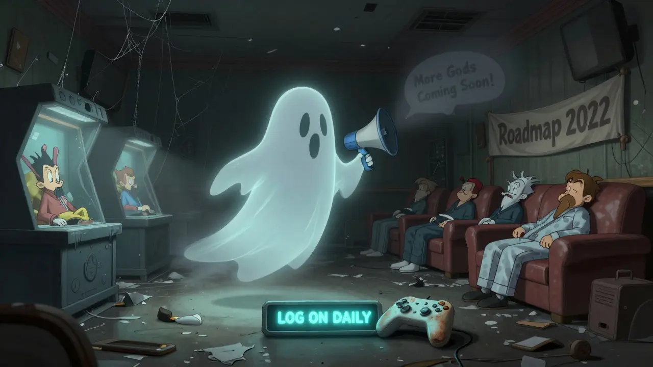 A ghostly AOG logo floating over an abandoned game lobby with sleeping gods and faded promises.