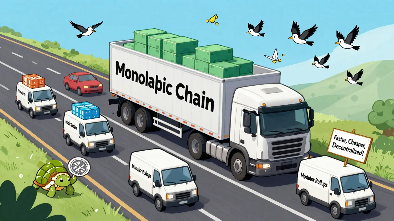 A giant stuck truck labeled 'Monolithic Chain' vs. speedy modular delivery vans on a blockchain highway.