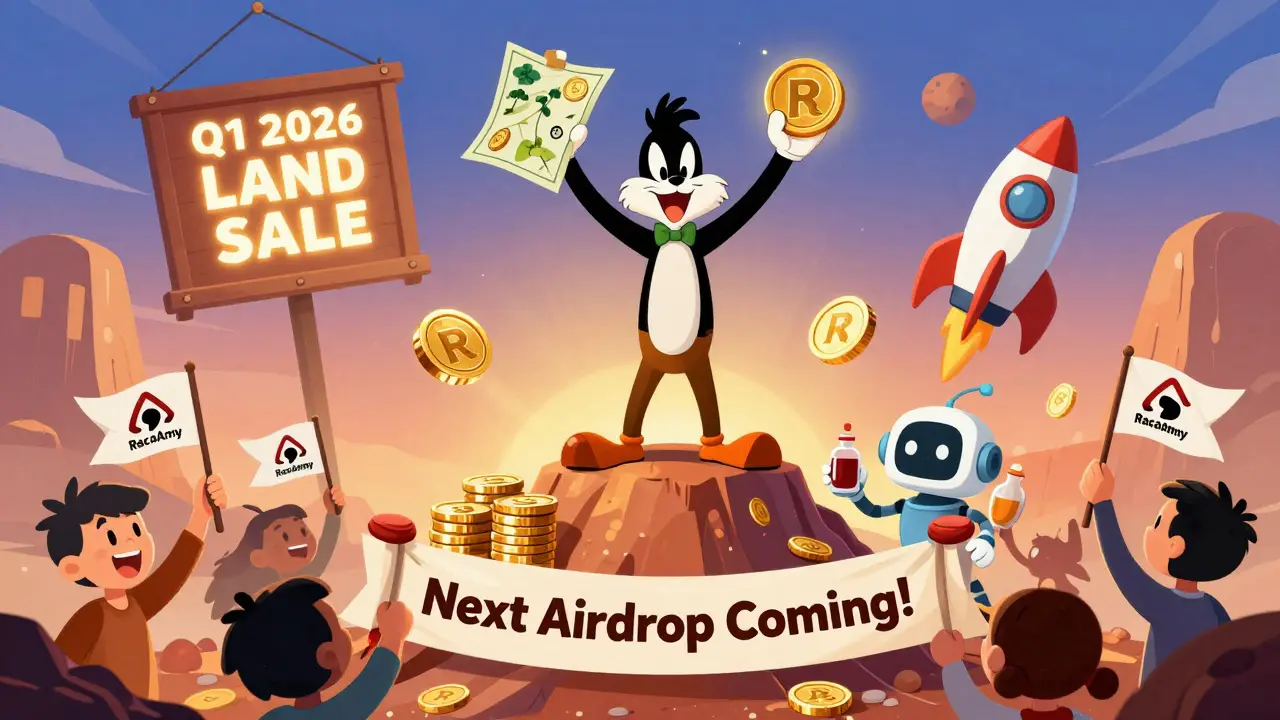 A hero stands on a pile of RACA tokens under a sign for the next land sale in The United States of Mars.