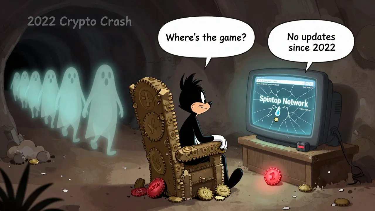 A lonely figure sits on a pile of worthless SPIN tokens as the Spintop website fades away in the background.
