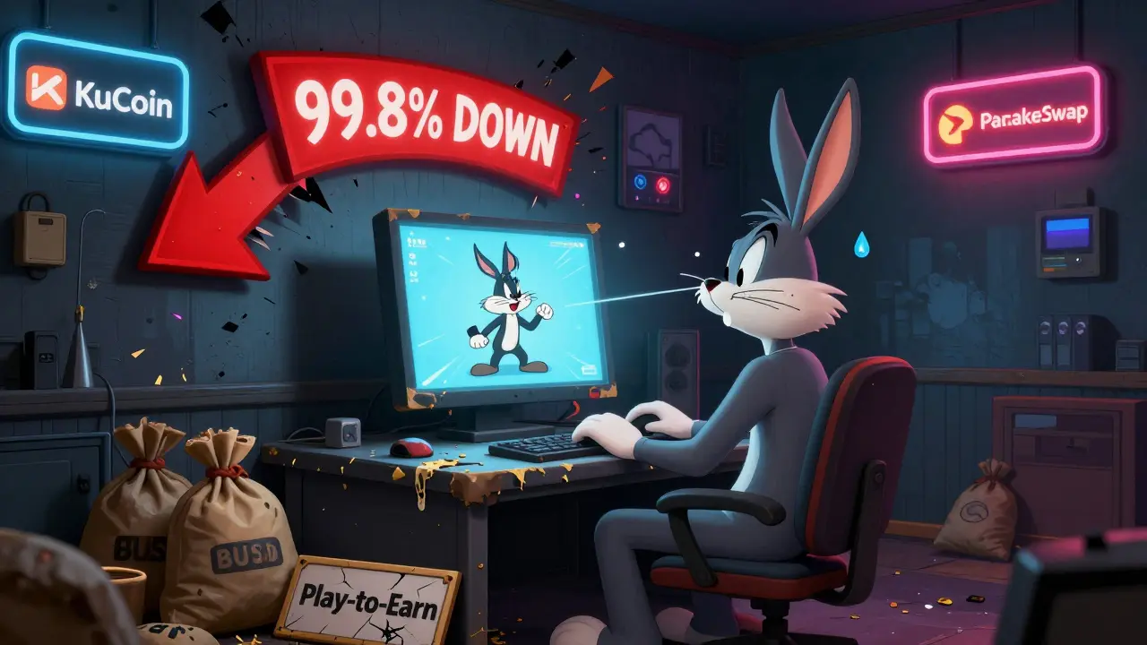 A lonely player surrounded by falling token value signs and a sleeping NFT god in a dim room.