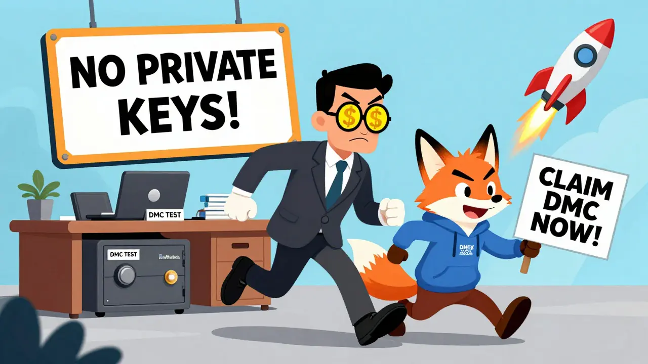 A nervous investor flees a fox in a DMEX hoodie holding a fake airdrop sign, while a safe wallet hides under a desk.