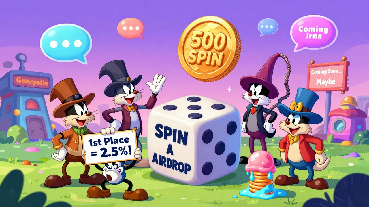 A quirky guild group celebrates winning SPIN tokens while a game hub crumbles behind them in a chaotic Discord scene.