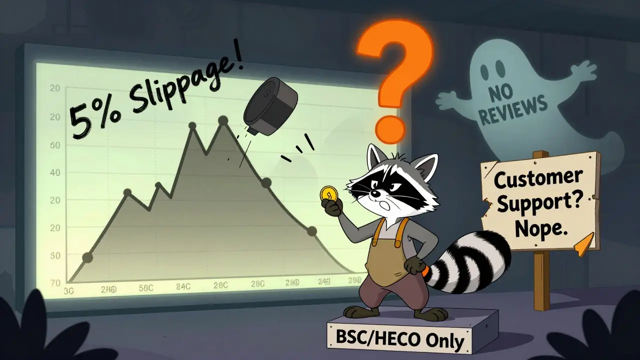 A raccoon trader faces a wild price chart and a 'No Reviews' ghost on a tiny BSC/HECO platform.