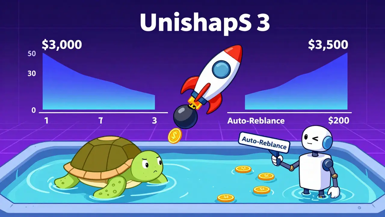 A rocket pilot drops liquidity bombs between price bars in a futuristic Uniswap v3 dashboard.