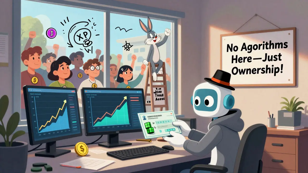 A small creator with AI assistant and fans climbing a tiered ladder to unlock exclusive rewards.