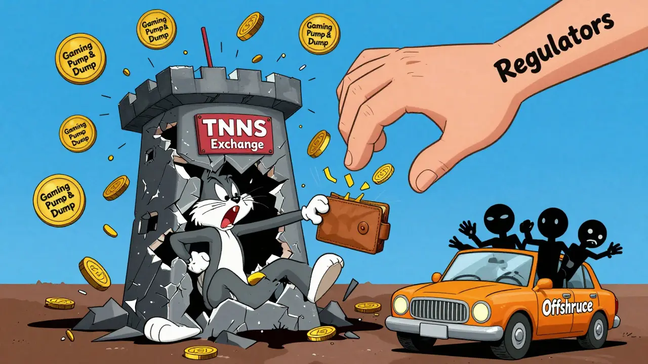 A terrified user trapped in a crumbling exchange tower as regulators smash it, while a faceless team escapes in a getaway car.