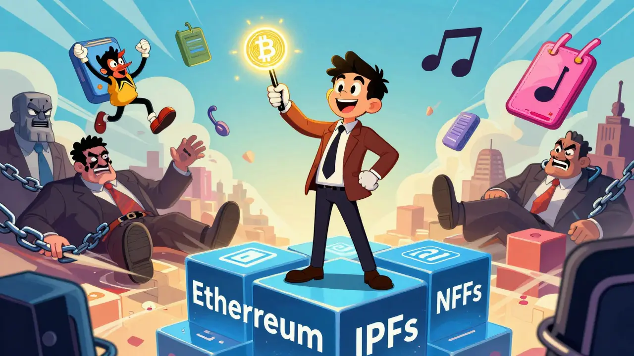 A user holds a glowing wallet on a blockchain, with digital art floating freely in the sky.