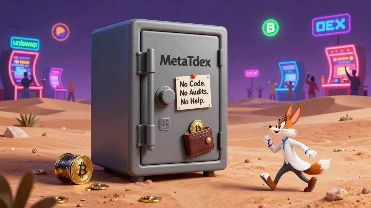 An empty safe labeled MetaTdex in a desert while other exchanges glow brightly in the distance.