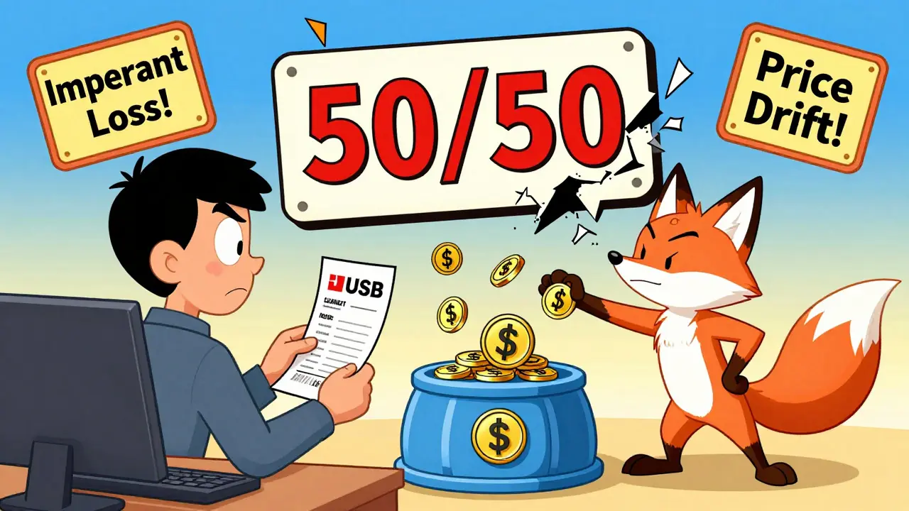 An investor watches as a fox steals ETH from a liquidity pool, with warning signs for impermanent loss.