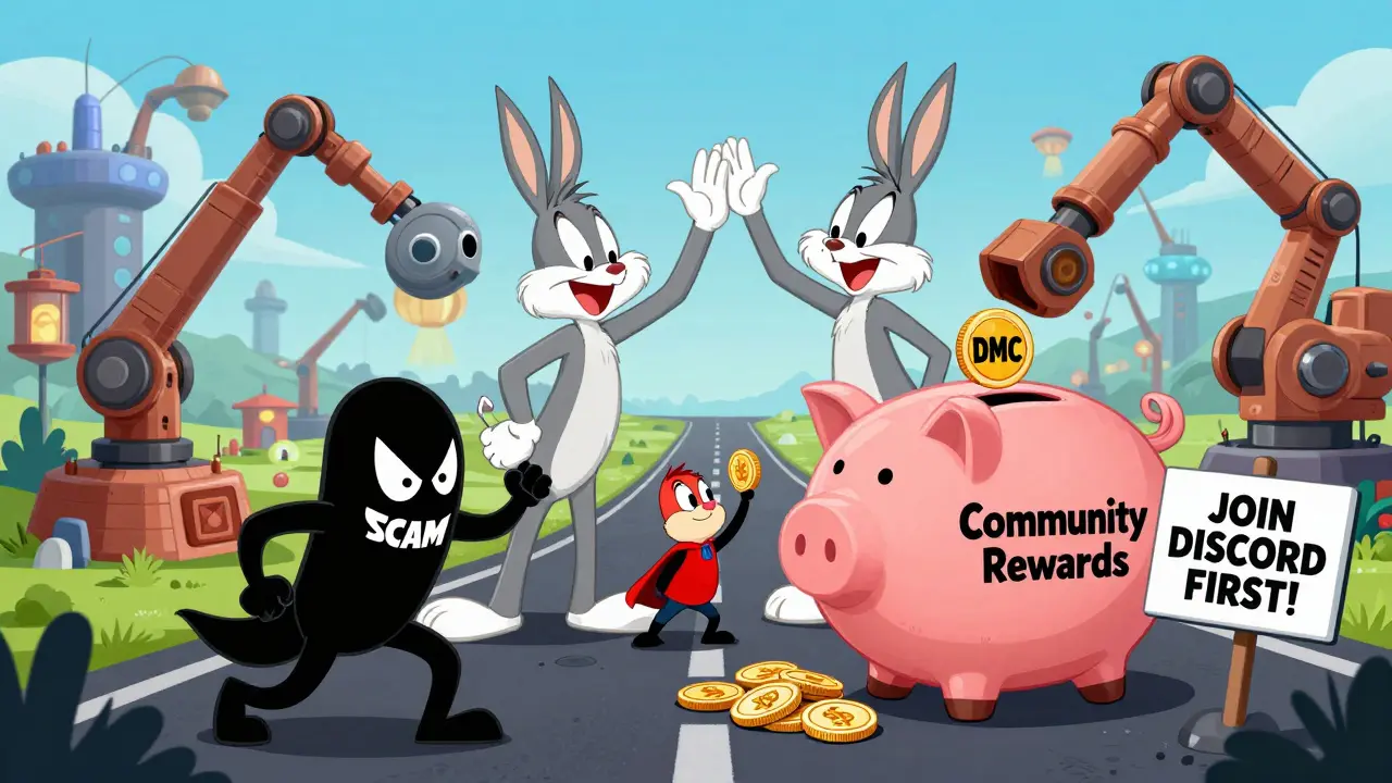 Animated mining rigs high-five on a blockchain highway as a hero tosses DMC tokens into a community piggy bank.