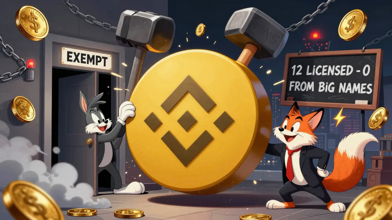 Binance logo slammed shut by MAS hammer, fox tries to sneak in, unlicensed stablecoins chained up.