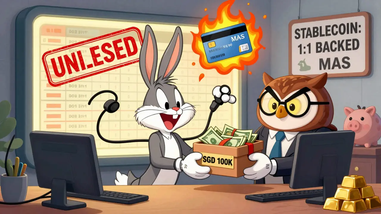 Bunny startup owner hands SGD 100K to stern MAS owl, credit card burning, digital ledger glowing red.