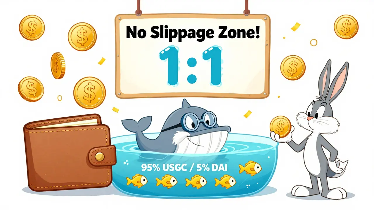 Cartoon Curve Finance whale in a USDC/DAI pool, stablecoin fish swimming in sync, fee coins raining down.