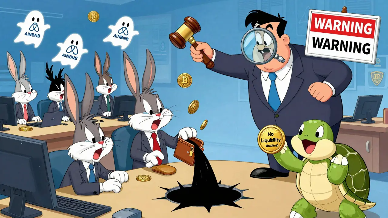 Chaotic crypto exchange with animals trading ghost-like AINBNB tokens as SEC officer warns them.