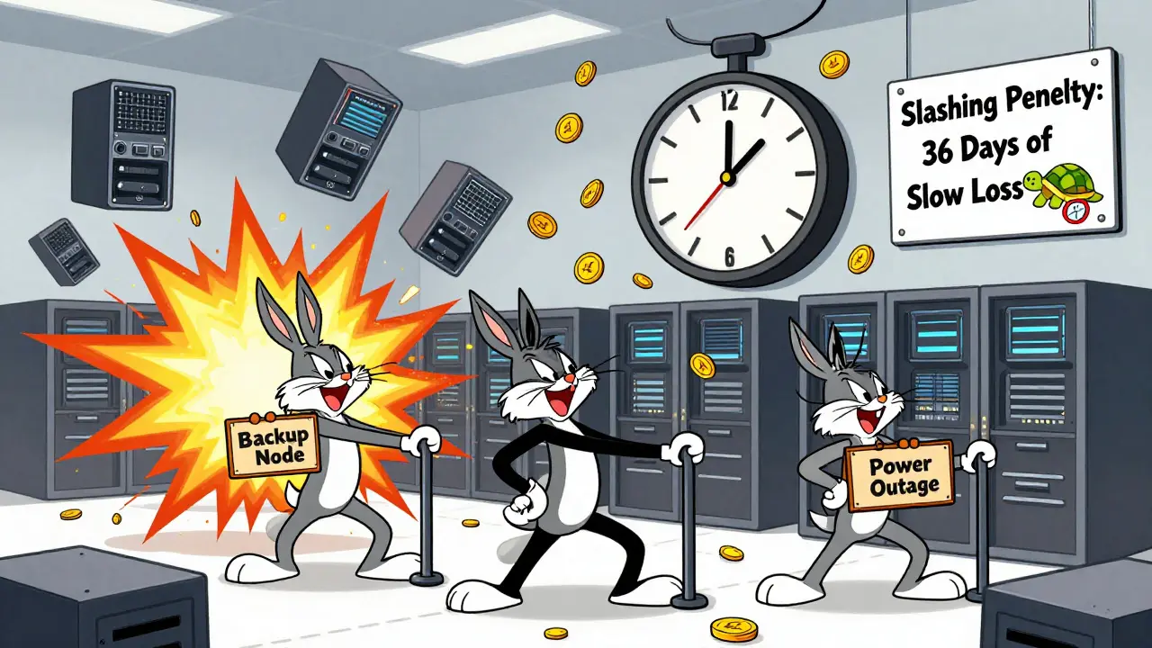 Chaotic server room with cartoon characters causing penalties as ETH coins rain down.