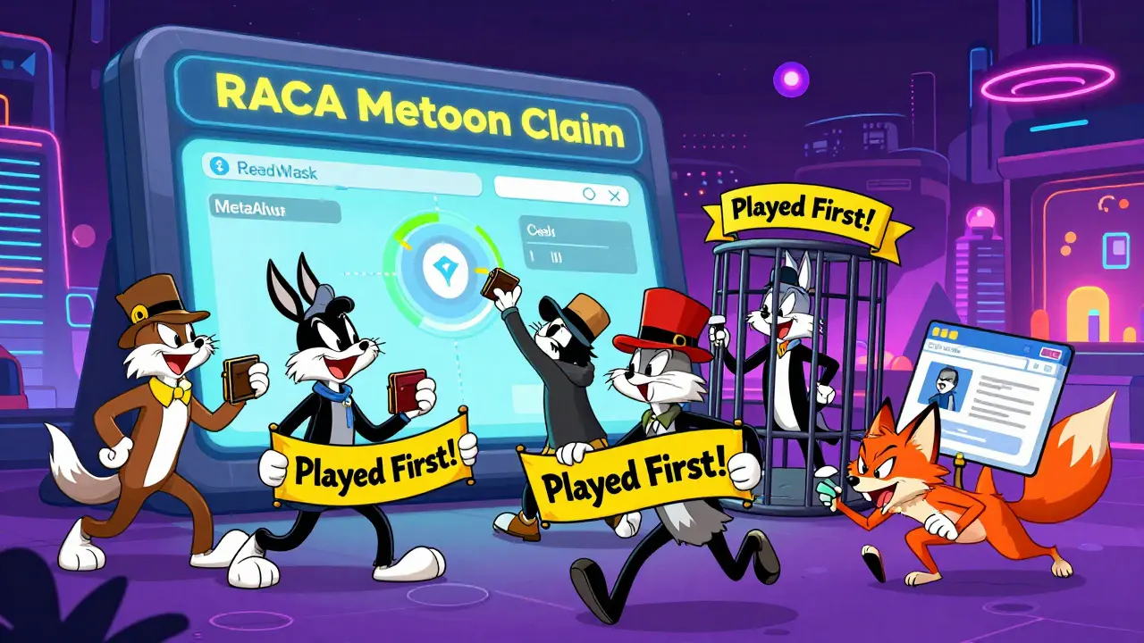 Characters scramble to claim RACA tokens on a glitching portal while a phishing fox chases one of them.