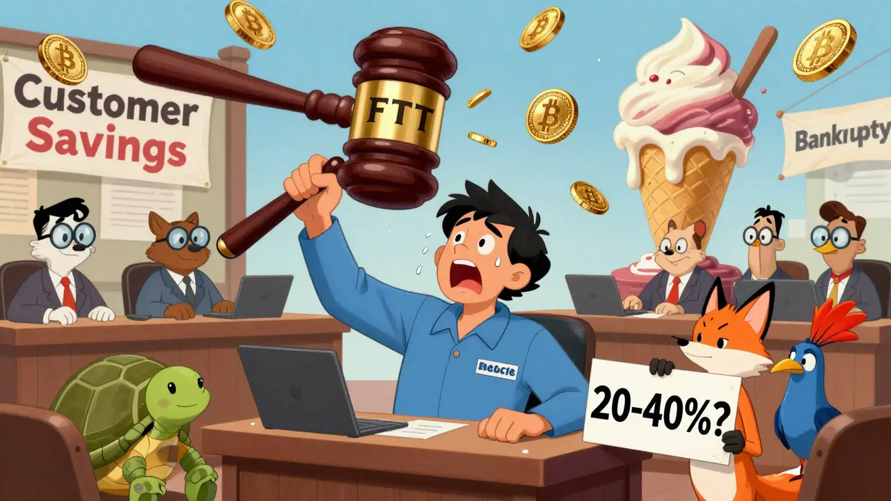 Courtroom scene with FTX founder facing gavel shaped like FTT token
