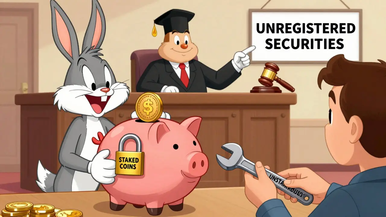 Exchange piggy bank locked with regulatory notice, customer trying to unlock it with a wrench.