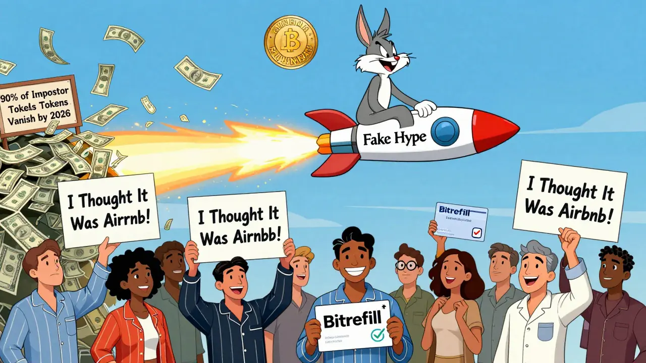 Fake AINBNB token flies away on a hype rocket while investors realize they should use Bitrefill instead.