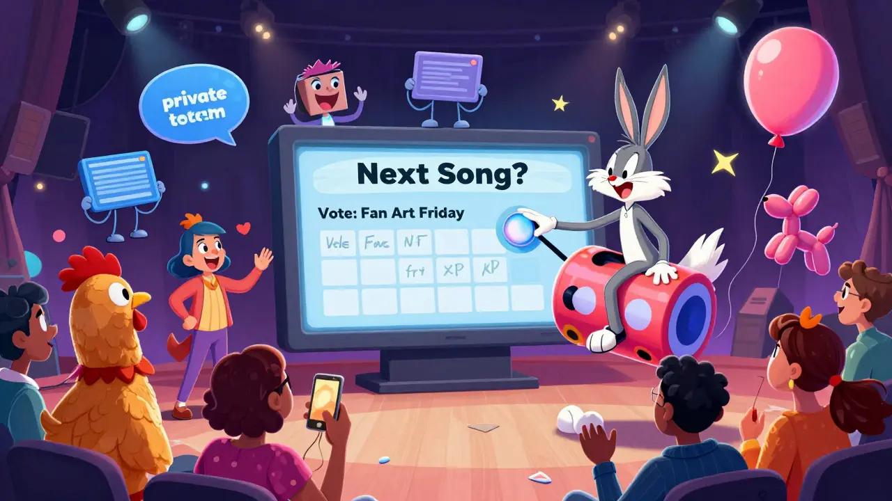 Fans voting on a giant touchscreen at a wild virtual concert with a creator riding a token balloon.