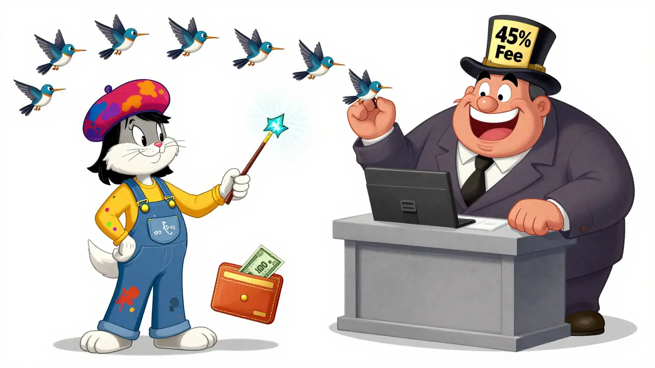 Filipino illustrator zapping instant crypto payment while a fee-taking bank teller shrinks away