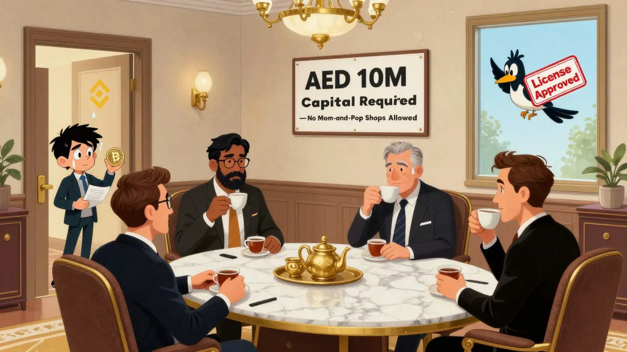 Global crypto companies relaxing inside a luxury office while a small startup is shut out by a massive capital requirement sign.