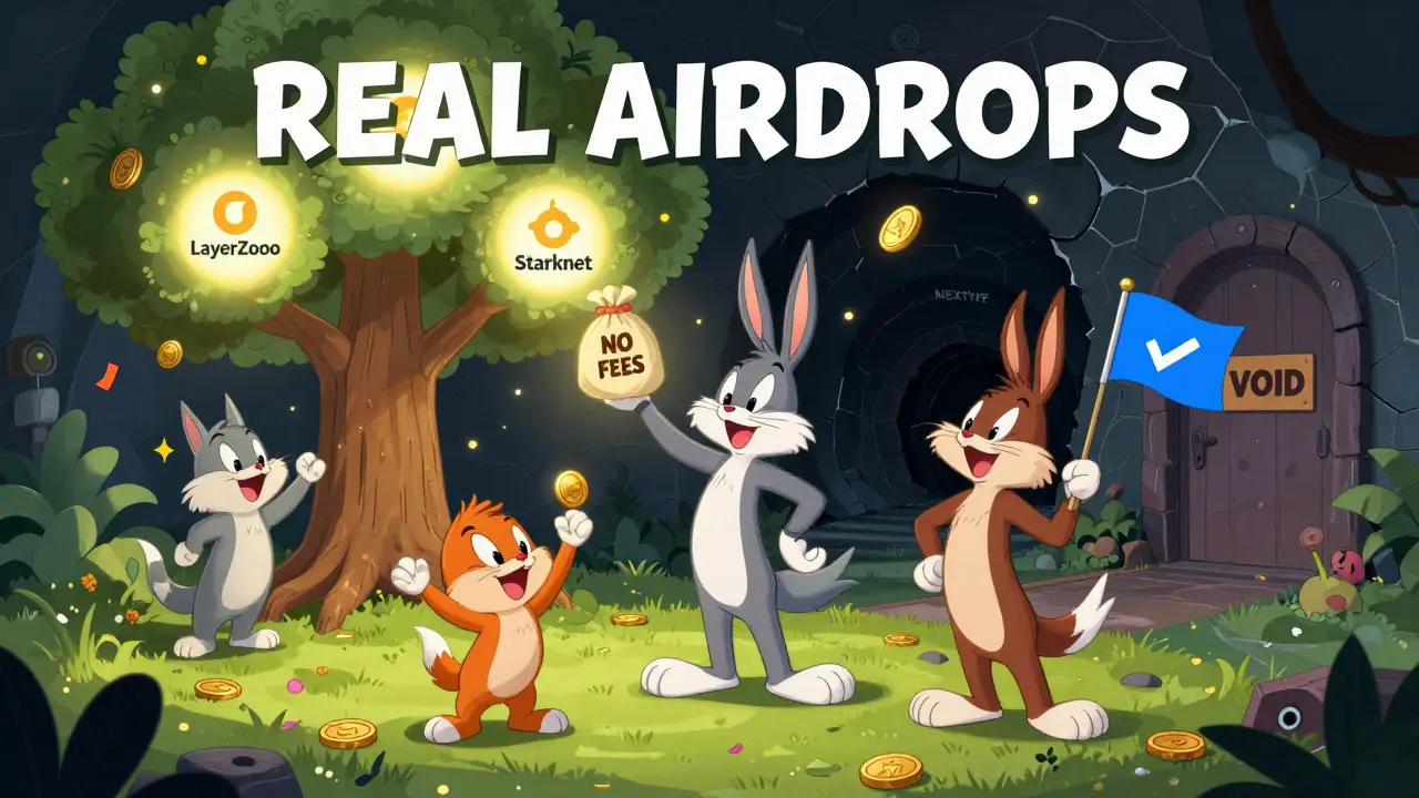 Happy animals celebrating real airdrops under a glowing tree, while NEXTYPE leads to a dark, locked tunnel.