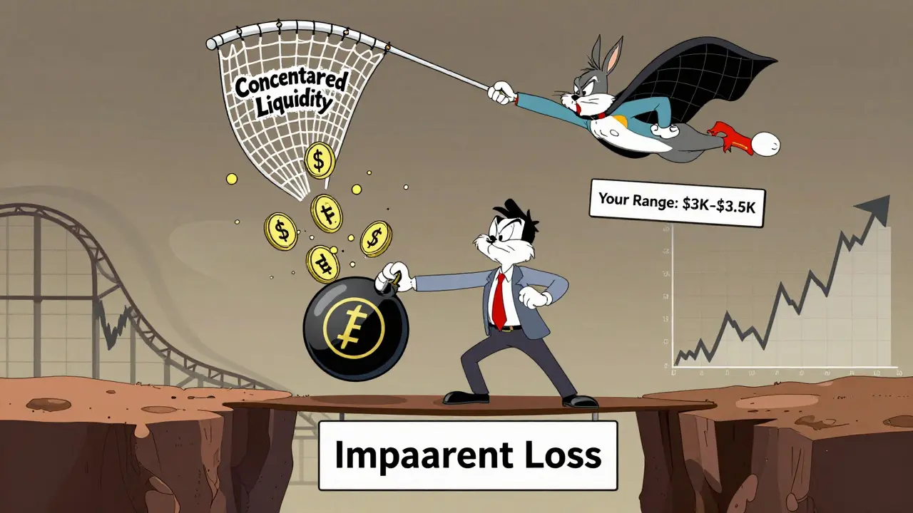 Investor on plank over impermanent loss chasm, LP token as ticking bomb, Uniswap v3 superhero dropping liquidity net.